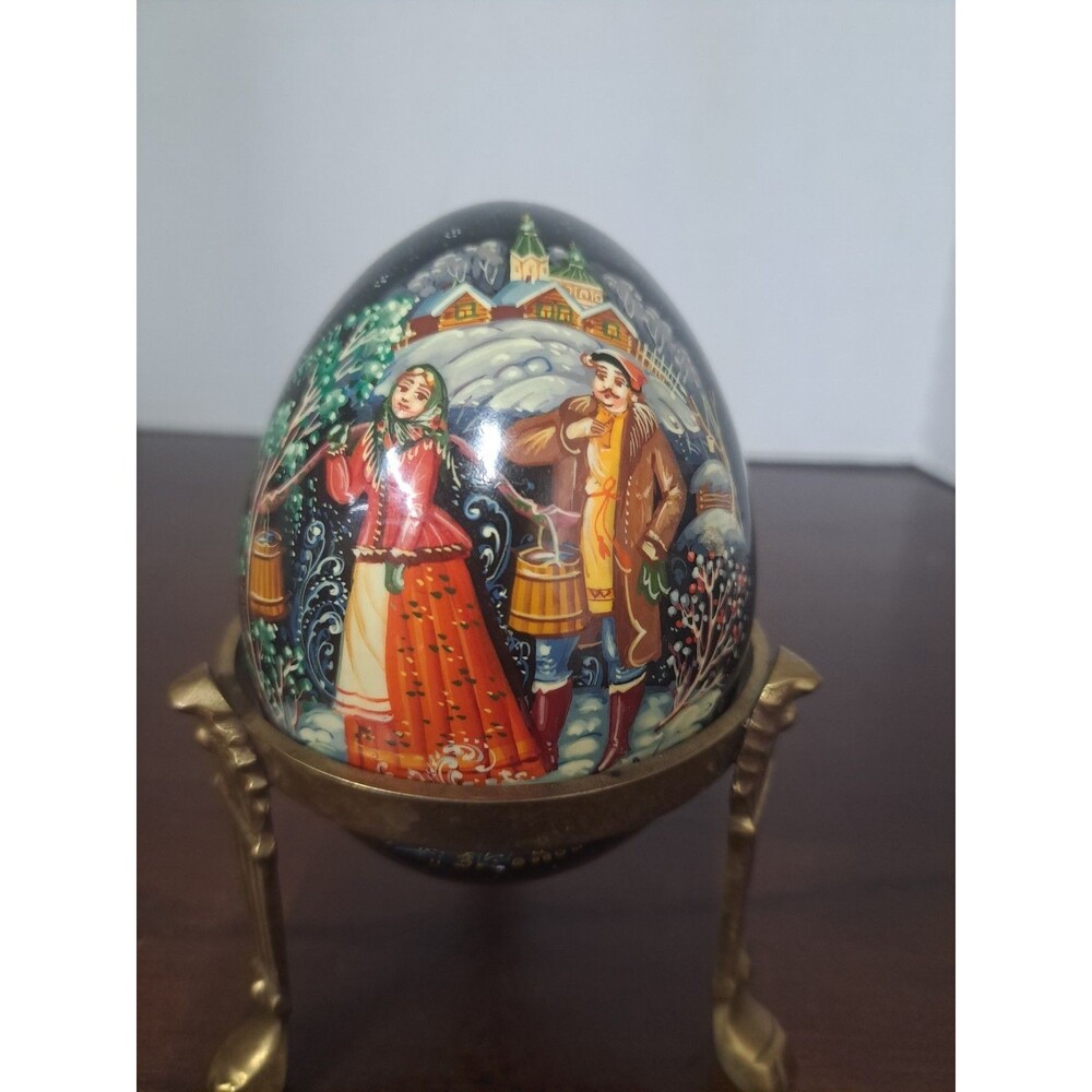 Vintage Hand Painted Russian Lacquered Wooden Egg With Folk Scene On Brass Stand